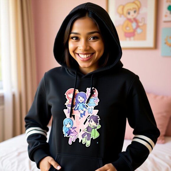 Tops - Junior Girls Small Black Anime-print Hoodie